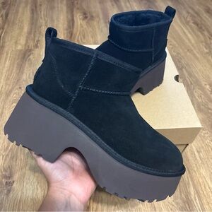 UGG black suede wool platform heeled ankle boots booties shoes women’s 9 new